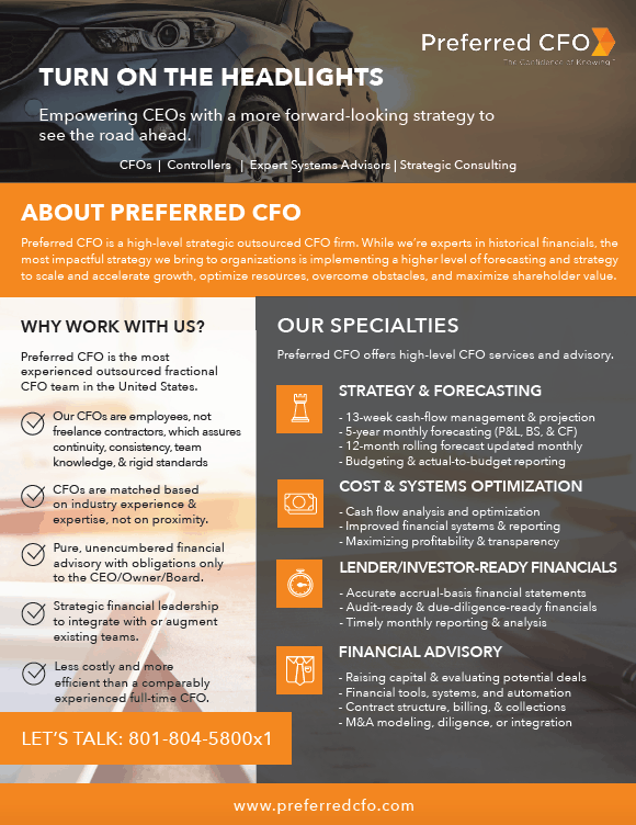 Flyer showing what Preferred CFO Outsourced CFO Firm does