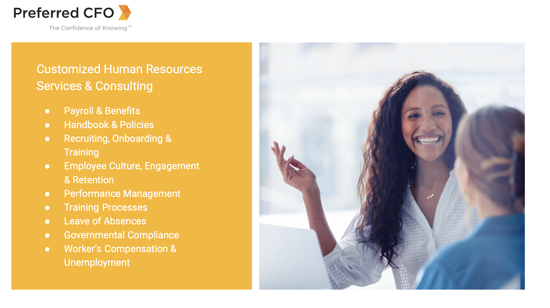 Slide showing list of Preferred CFO's outsourced HR solutions, available on the website in text form by clicking "HR Services" in the top navigation